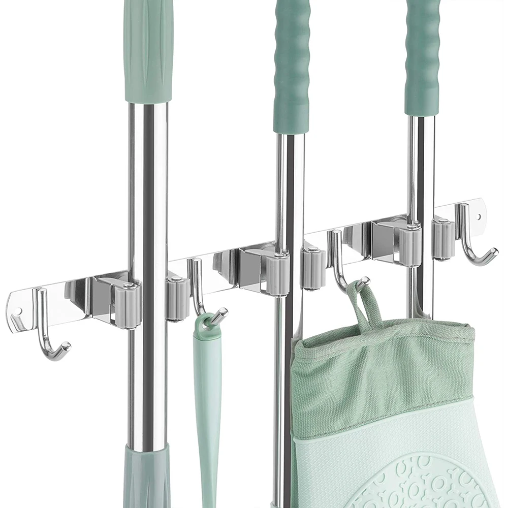 

38.5cm Mop Broom Holder with 4 Hooks Wall Mount Heavy Duty Stainless Steel Utility Punch Free Rack for Kitchen Bathroom In Stock