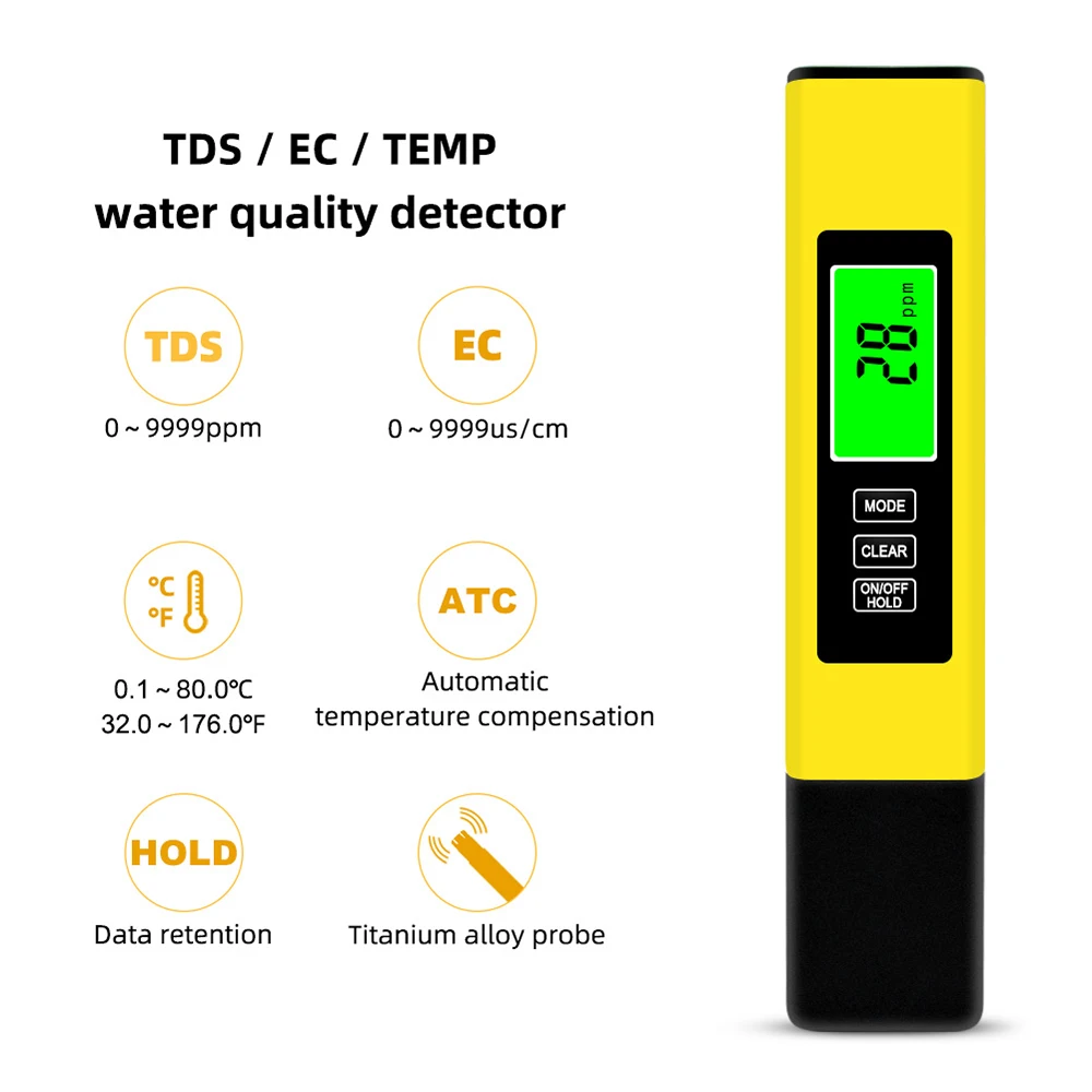 

Тестер качества воды KKmoon 3 в 1, анализатор качества воды, TDS/EC/измеритель температуры, тестер с фоновой подсветкой и дисплеем, TPH01648A
