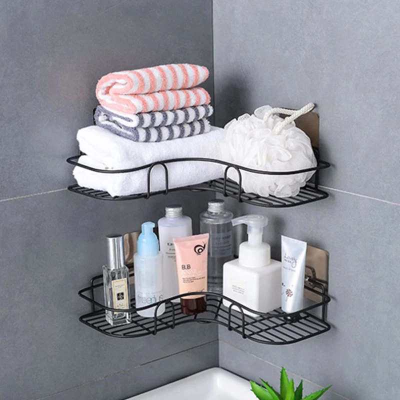 

Bathroom Kitchen Punch Corner Frame Shower Shelf Wrought Iron Shampoo Storage Rack Holder With Suction Cup Bathroom Accessories