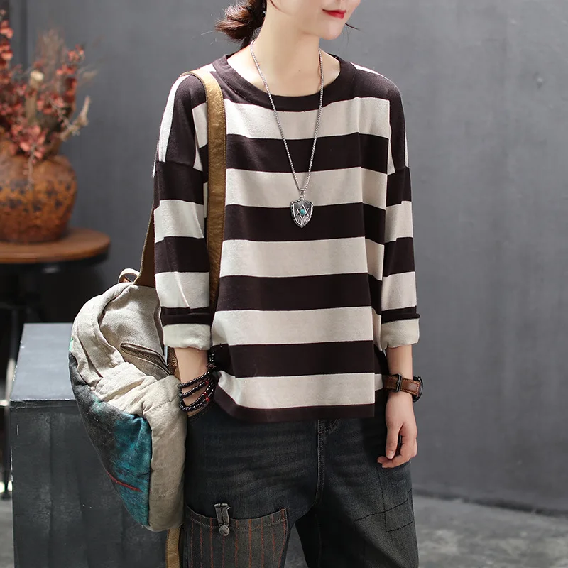 Autumn Sweater Women Retro Loose Knitting Pullovers 2019 New Ladies Tops O-Neck Long-sleeved Striped Casual Mori girl | Женская одежда