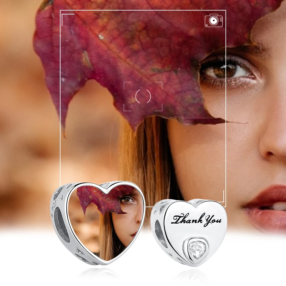 Sterling Silver 925 Heart CZ Charms DIY Thank You Customize Photo Beads Fit Original Charm Bracelet Silver 925 Jewelry Making