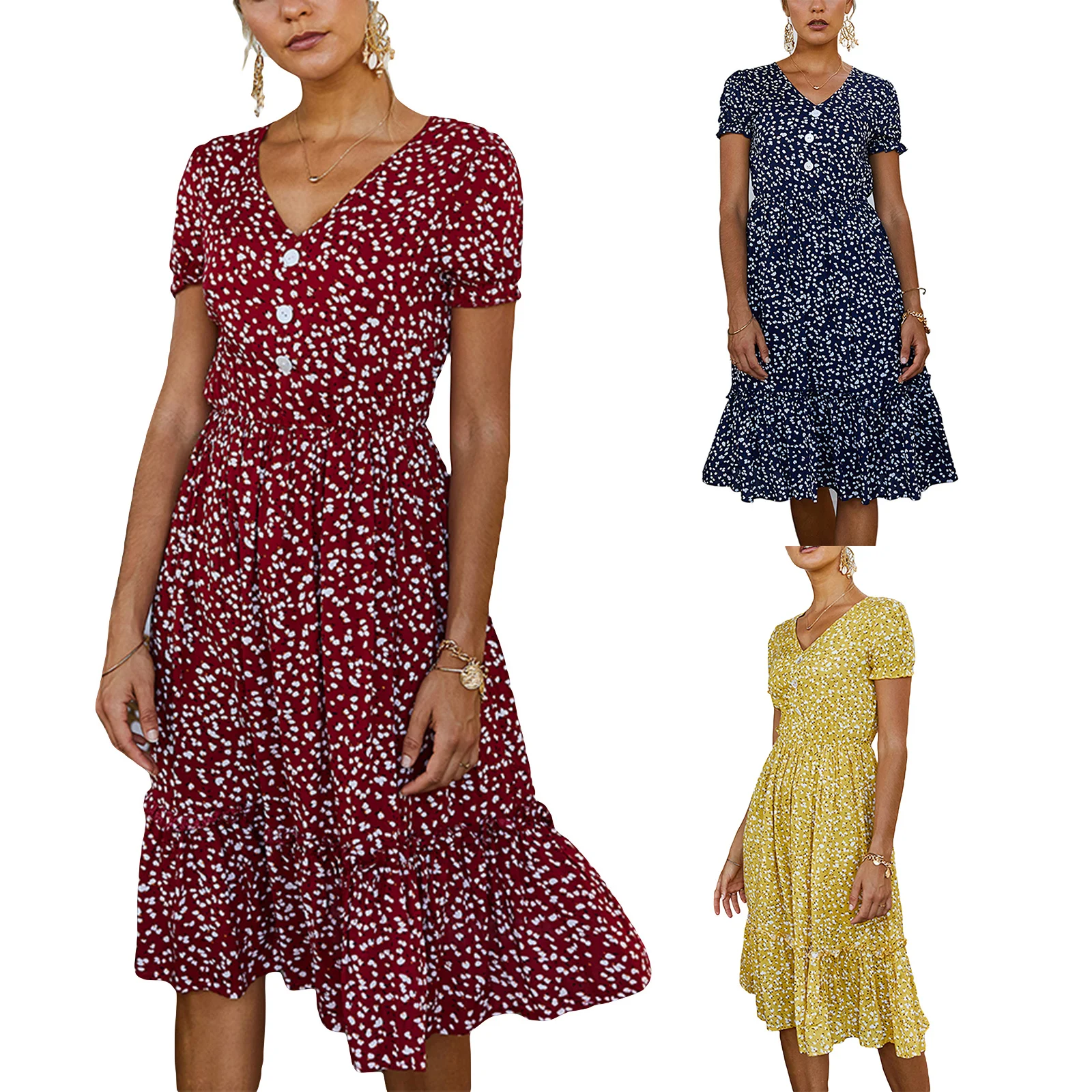 

Women Fashion Floral Print Dress Stylish Short Sleeve V-neck Dress for Ladies Female