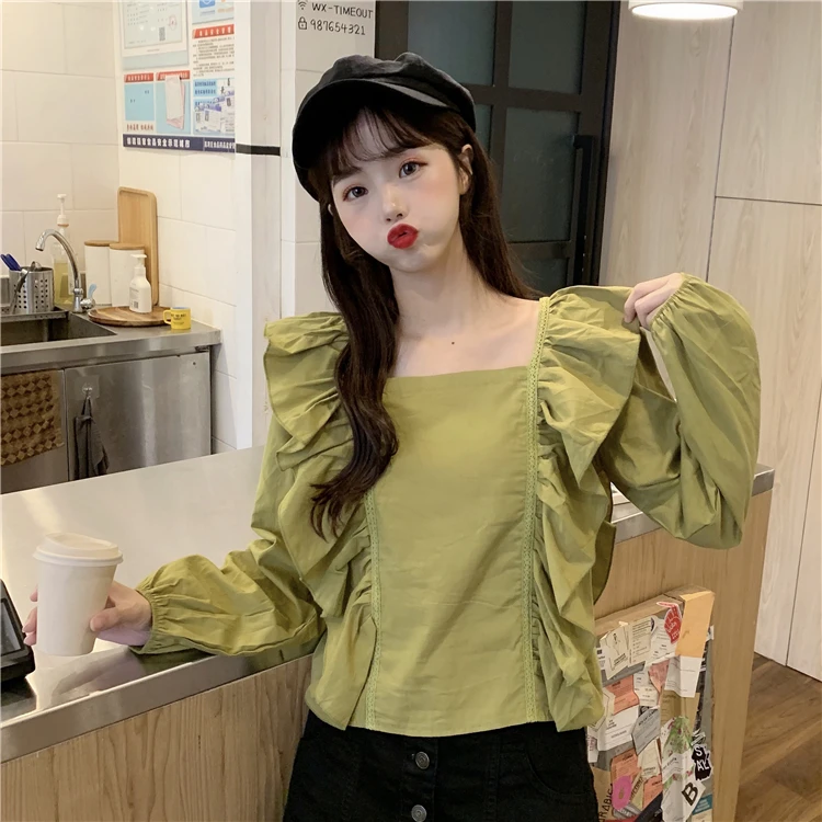 

sweet pull sleeve square collar ruffles tops full Spring and autumn Women's Clothing shirts high quality hot Trend temperament