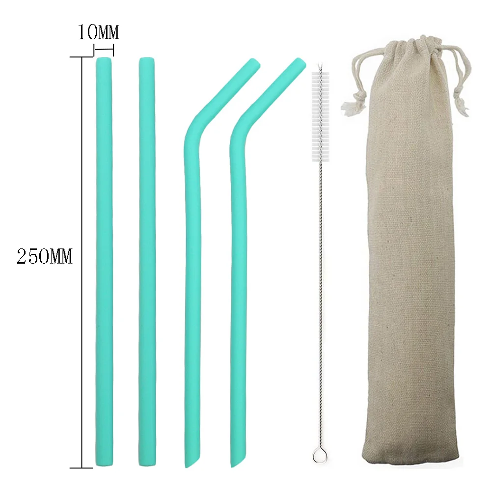 green 250mm 6 шт./компл. красочное питье силиконовая трубочка набор 23 см 25 см пищевой соломинки для путешествий многоразовая солома с кистью сумка для хранения - Цвет: green 250mm