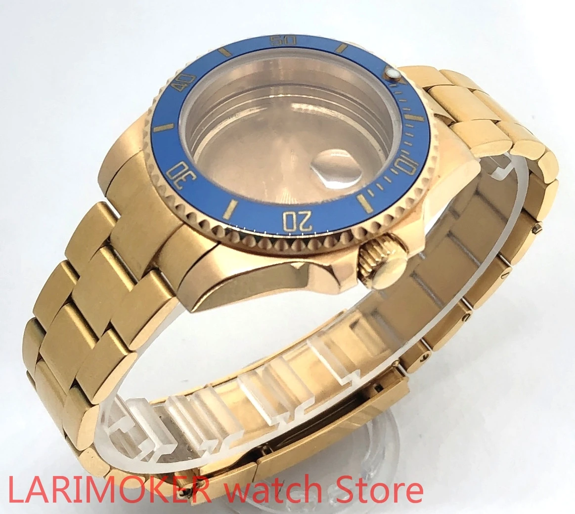 

Sealed back cover 904L stainless steel gold strap bracelet with 40mm sapphire glass ETA NH36 MH35 cases gold bezel sea blue