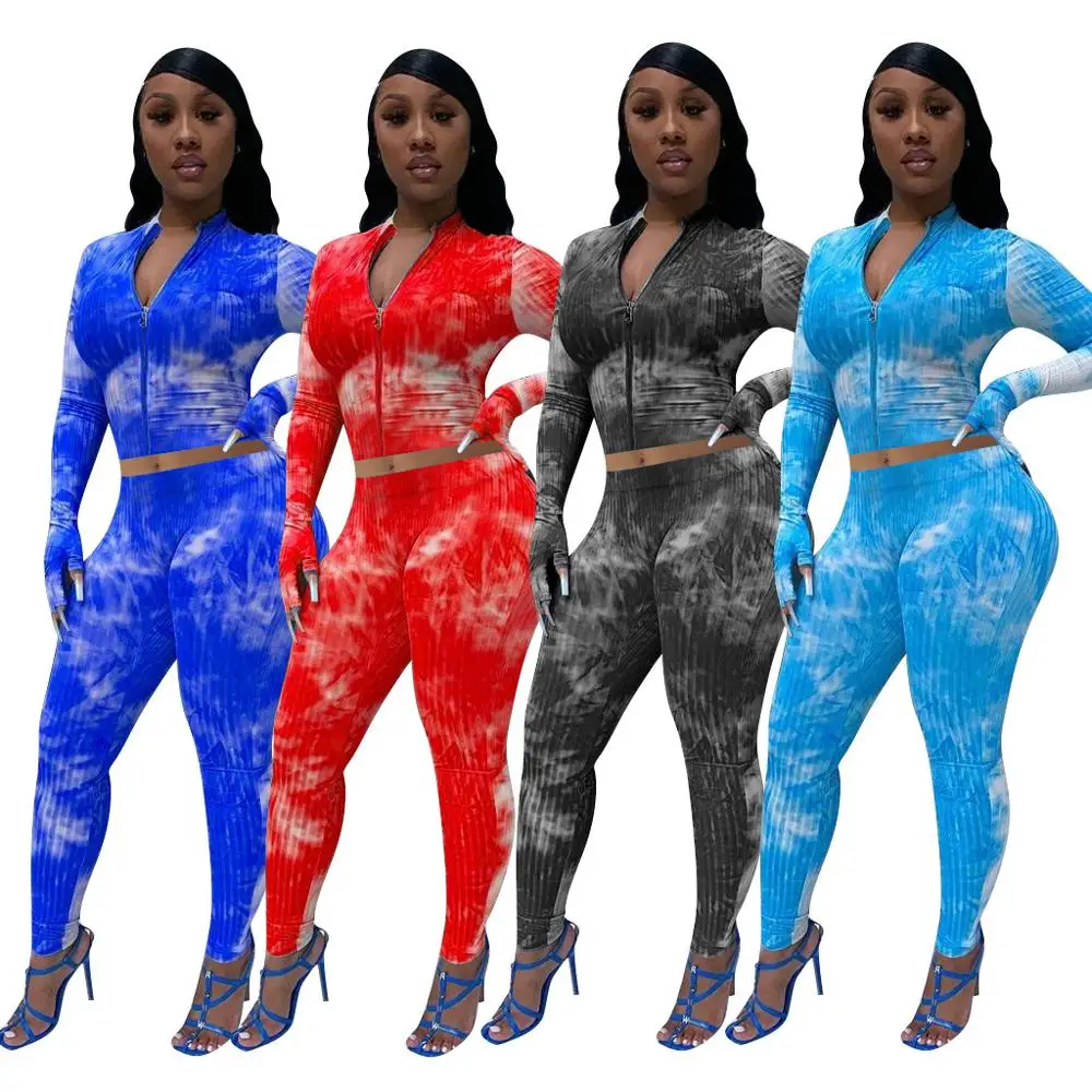

Women Sets 2 Piece Colorful Print Long Sleeve Slim-fit Zipper Autumn Winter Top + High Waist Sport Pants Plus Size Two Piece Set
