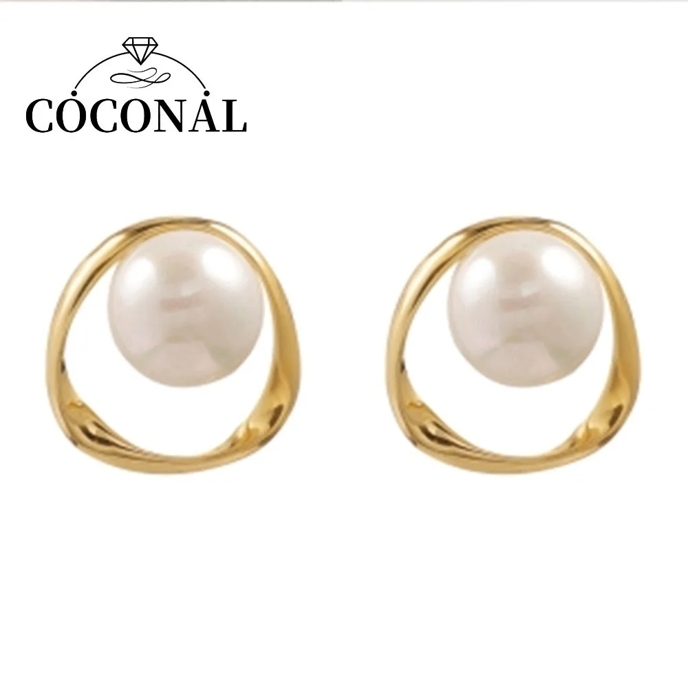 

Coconal Women Imitation Pearl Earring Gold Color Round Stud Earrings Christmas Gift Irregular Design Unusual Earrings femme Gift