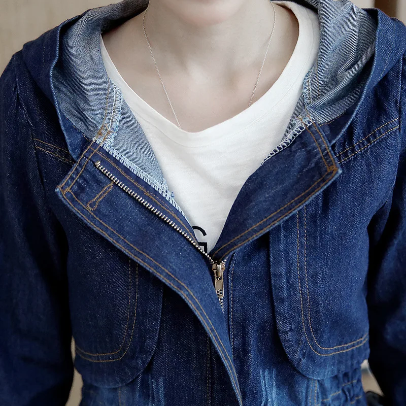 Женская джинсовая куртка с капюшоном осенняя Повседневная Свободная длинная на