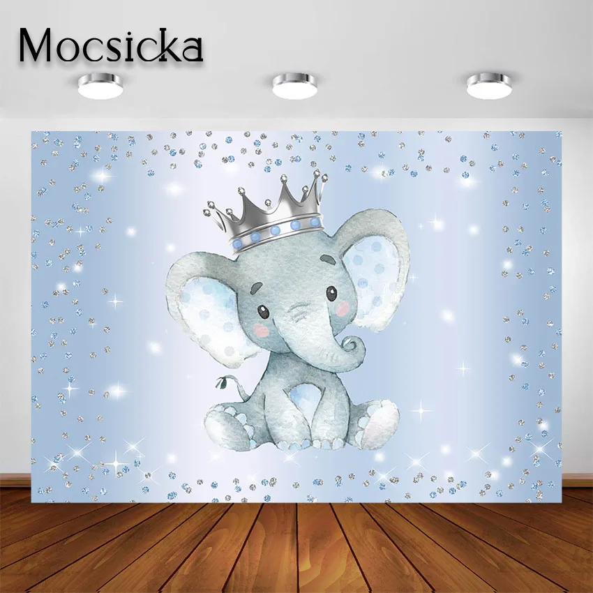 

Mocsicka Boy Elephant Backdrop Elephant Prince Baby Shower Party Decorations Glitter Blue Elephant Boy Birthday Photo Background