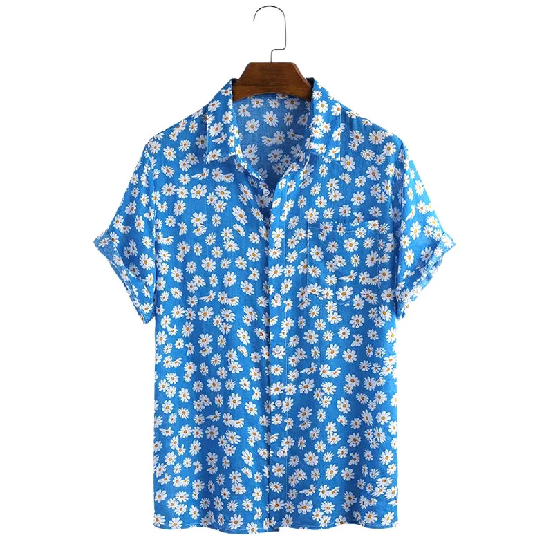 

Summer Hawaiian Daisy Men’ s Shirt Floral Print Turn-Down Collar Short Sleeve Single breasted Shirt Men’ s Blouse Beach Holiday