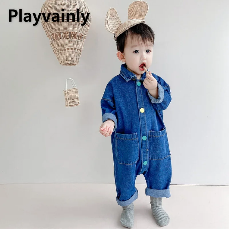 

2021 New Autumn Kids Boys Girls Romper Long Sleeves One Piece Denim Pocket Turn-down Collar Jumpsuit Newborn Clothes E2163