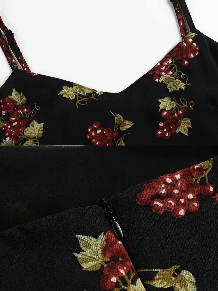 

yinlinhe Grape Print V neck Braces Long Dress Women Backless High Waist Slim Summer Dress Side Split Sundress French Style 2071