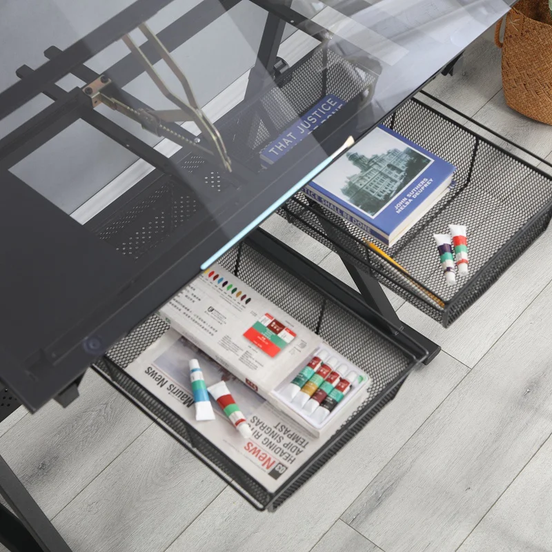 

Multifunctional Drafting Printing Table Adjustable Tempered Glass Table With Black Drawer For Comfortable Working Drawing Table