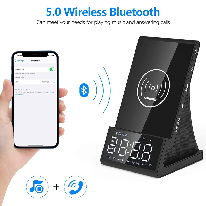 

Wireless Charging Base Blutooth 5.0 Wireless Charger Alarm Clock Bluetooth Speaker FM Radio for iPhone Android DU55