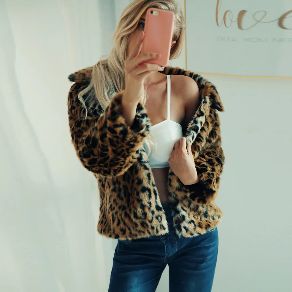 

NONE Women Clothing Autumn Jacket Regular Fashion Casual Wool Acrylic Women Jacket Coat Warm Full Leopard Print Outerwear Coats