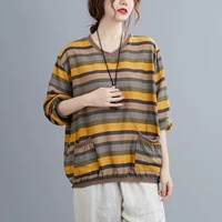 women long sleeve t shirts cotton linen spring autumn simple style vintage v neck striped female loose casual tops tees