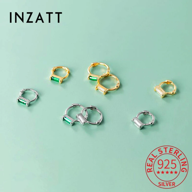 

INZATT Real 925 Sterling Silver 8/10MM Zircon Rectangle 18K Hoop Earrings For Women Charm Fine Jewelry Minimalist Accessories