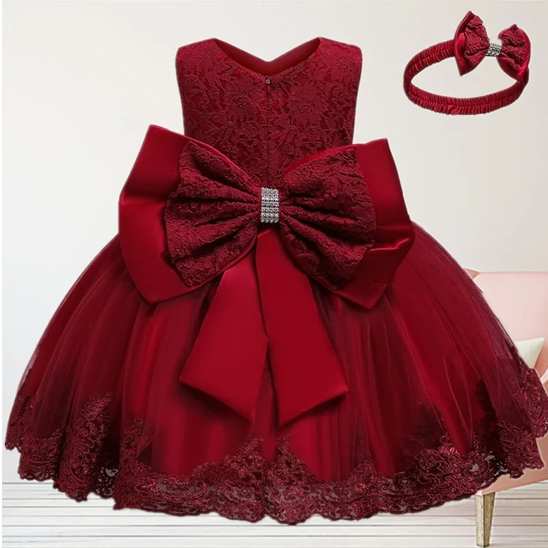 

100 Days Baby Dress Elegant Children's Dresses Kid Girls Easter Dress Birthday Wedding Party Red Dress Lace Princess Dress 9-24M