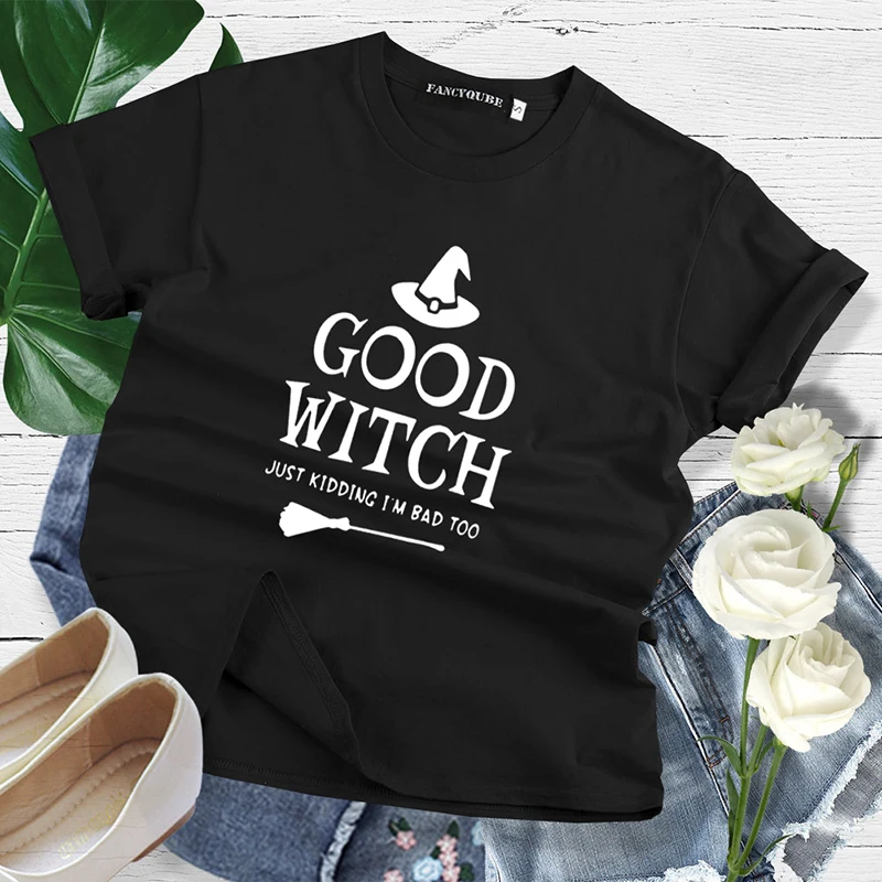 Лучшие футболки «Друзья» BAD WITCH GOOD WITCH, топ с буквенным принтом, футболка Femme, повседневные женские лучшие друзья, топы на Хэллоуин, футболки