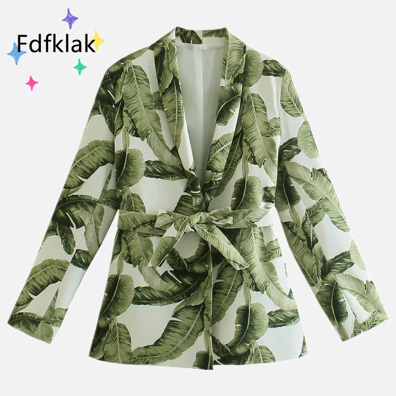 Fdfklak Spring Autumn New Casual Printed Tie-Waist Long-Sleeve Blazer Fashion Female Outerwear Chic Jacket Manteau Femme