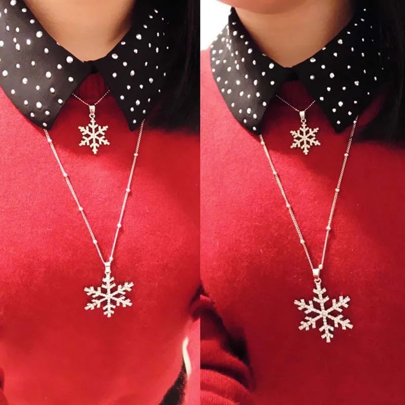 

Japan And South Korea Fashion Diamond Snowflake Double Long Necklace Sweater Chain Ladies Christmas Accessories Wholesale