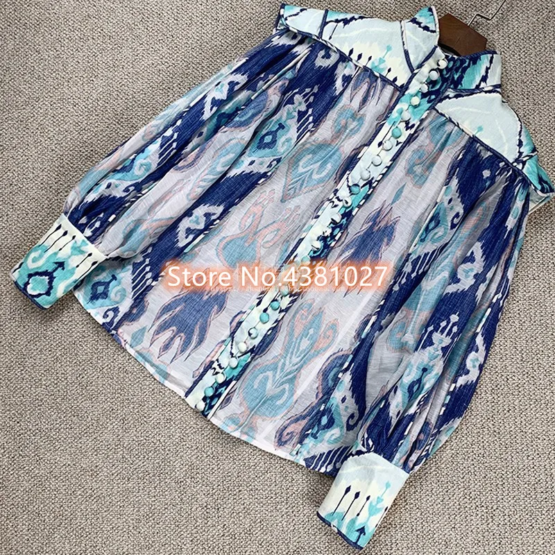 Женская новая рубашка в стиле дворца с шелковым принтом и стоячим