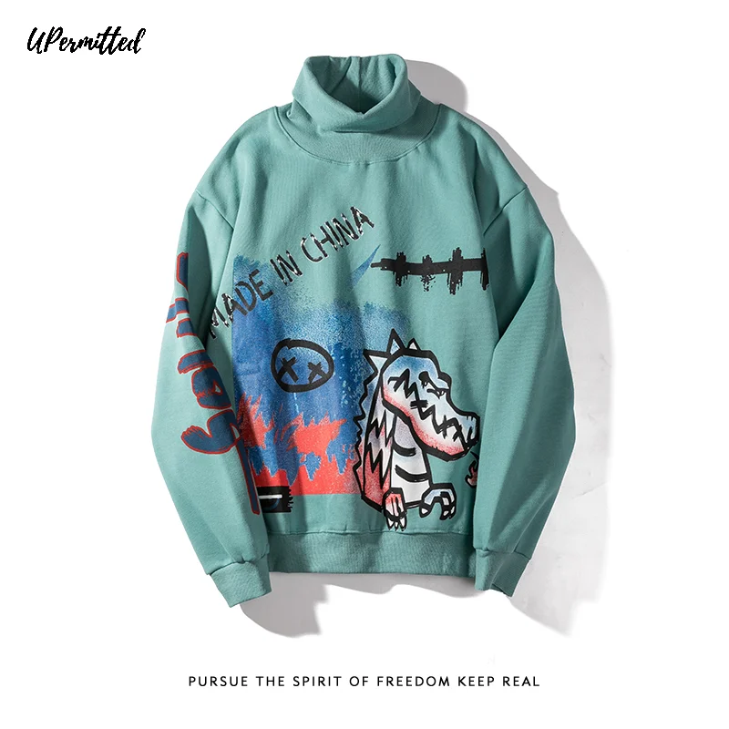 

2021 Autumn New Dinosaur Cartoon Graffiti Printing High Round Neck Sweater Men's Hip-hop Loose Couple Plush Hoodie Hot Sale Best