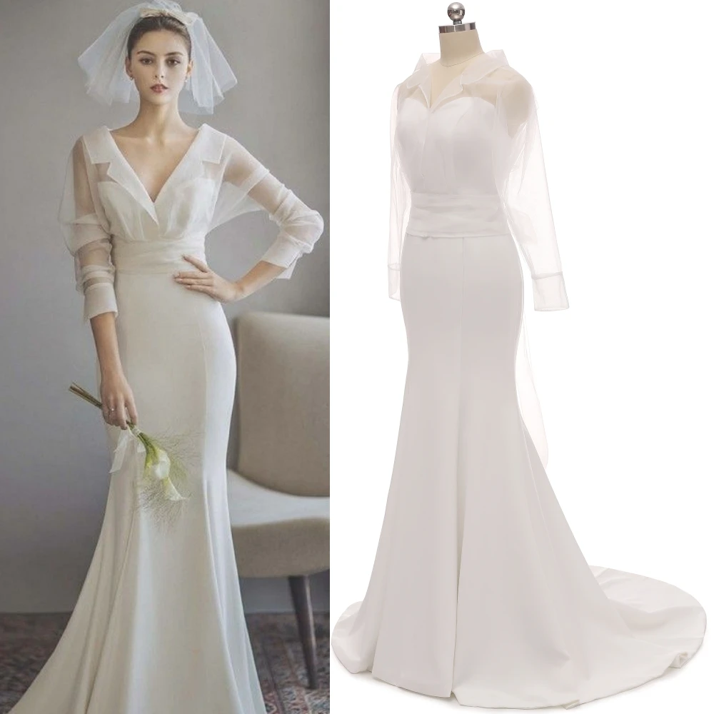 

3010#South Korea's Sweetheart Two Piece Soft Satin Sweep Train Sheath Bride Gown Wedding Dress Bride Dress vestidos de novia