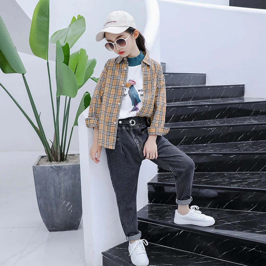 Джинсы для девочек однотонные джинсы с высокой талией модные пряжкой на поясе