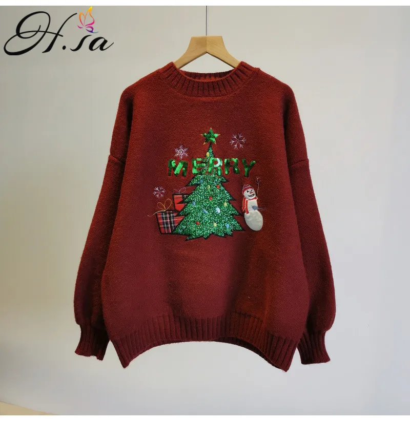 

H.SA 2021 Women Casual Sweater Cartoon Pullovers Christmas Tree Oversized Pull Jumpers Long Sleeve Sequined Snowman Sweater Tops