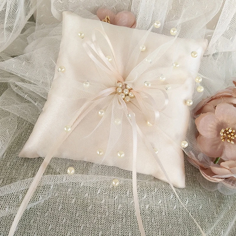 

Double Bow Ribbon Pearls Romantic Ring Pillow Bridal Wedding Ceremony Pocket Ring Pillow Cushion Bearer with Ribbons Decoration