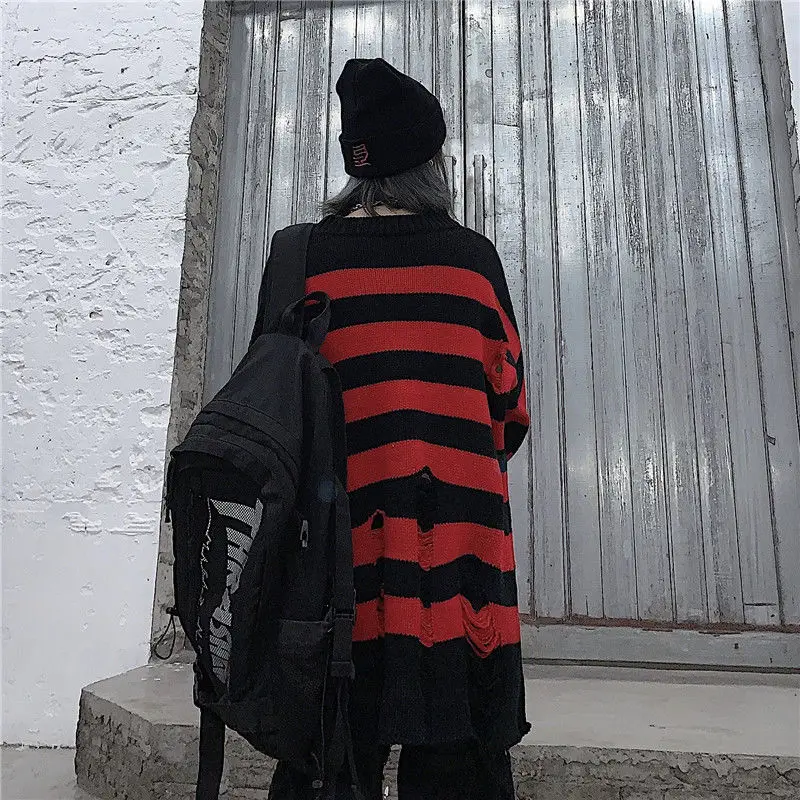 

Harajuku is lazy in autumn and winter, broken by the wind, copper stripe, drape, loose knit sweater, pullover, sweater, women's