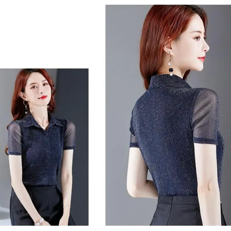 

Korean OL Bright Silk Lace Blouse Women Shirts Short Sleeve Fashion Shiny Lurex Women Blouses Plus Size Women Tops Blusas Mujer