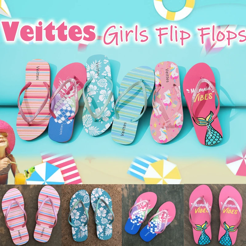 

Kid's Girl Flip Flops, Little/Big Girls Slip On Beach Thong Sandals with Mermaid Unicorn Pineapple Printed for Younger Older Ch