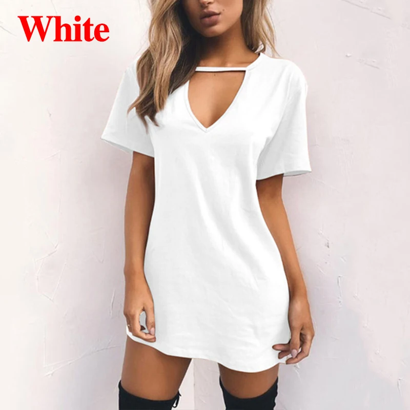 

2021 Mini T-Shirt Dress Short Sleeve Ladies Casual Sexy Clothing Women Tshirt Dress Choker Deep V-neck Summer Dresses