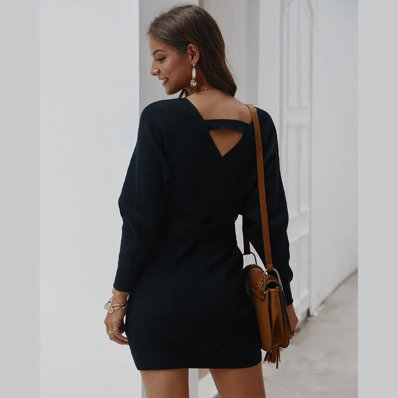 2020 горячая Распродажа женское трикотажное платье-свитер с длинным рукавом