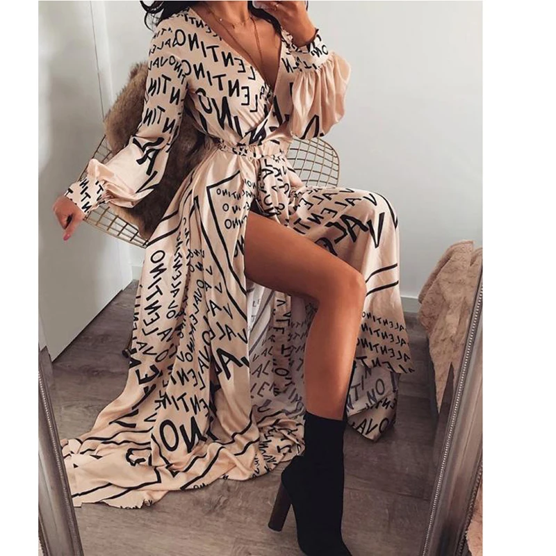 

Women Dress Spring Autumn Letter Print Boho V-Neck Long Sleeve Split Maxi Beach Female Casual Loose Elegant Ladies Clothing