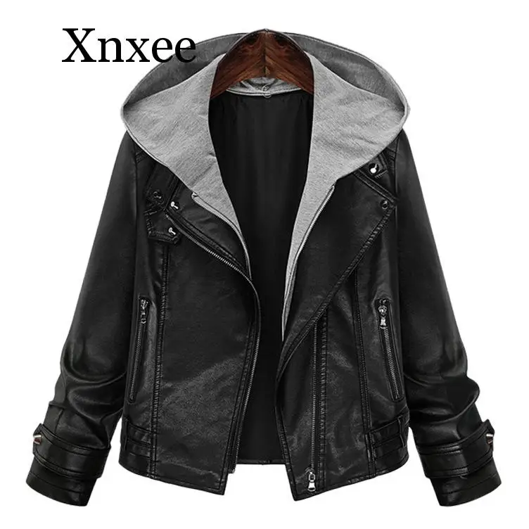 black gray punk elegant Women's pu  Leather Jacket Large Size Female Thin Hooded Long-sleeved Leather Women Short Coat short