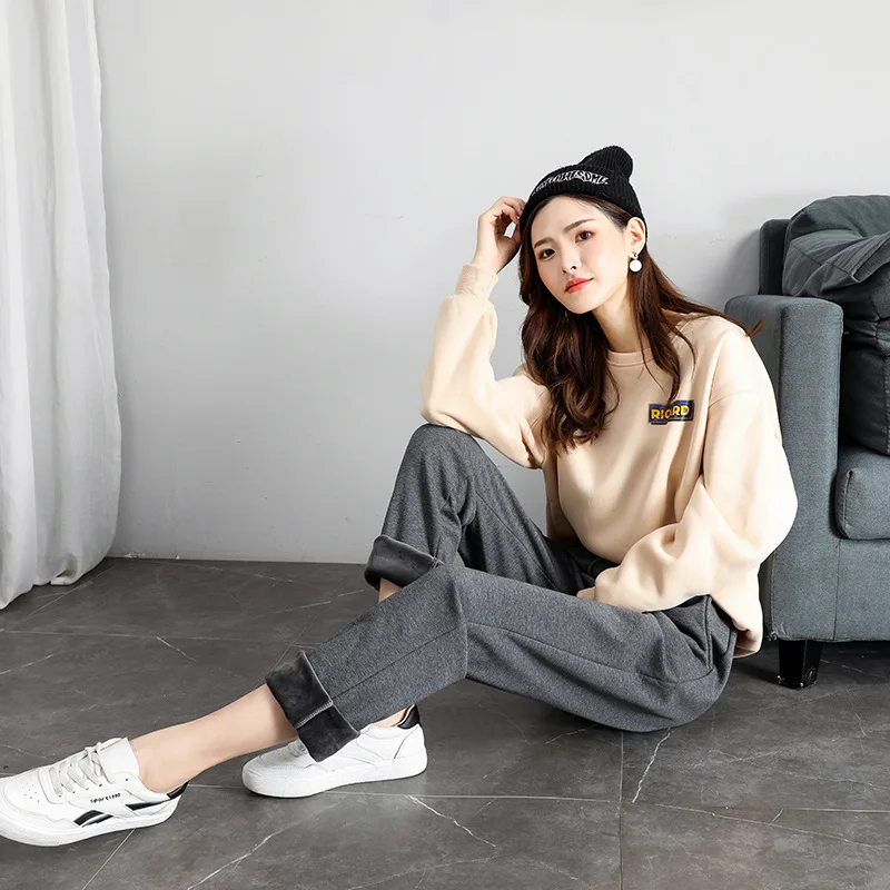 

Grey Sports Pants Women 2020 New Cashmere Thickened High Waist To Keep Warm Straight Pants Drawstring Sweatpants