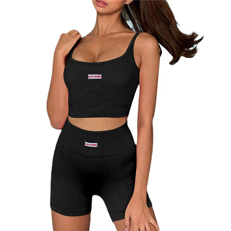 

Summer Women 2 Piece Clothes Set Casual Solid Color Two Piece Outfits U-shaped Collar Sleeveless Crop Tops And Shorts Streetwear