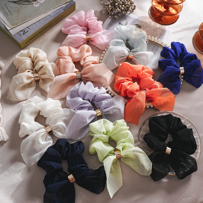 

Silver Silk Cloth Buckle Hair Ring Bunny Ears Women Rubber Band Exquisite Thin Elasticity Hair Ring Solid Color Hair Accessories