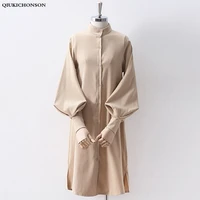 long lantern sleeve blouse korean lazy oaf style women shirt spring autumn stand collar single breasted slit long shirt white