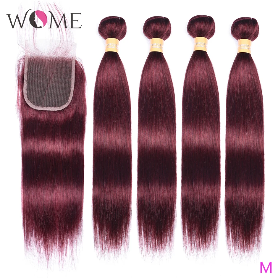 Женские малайзийские пряди с закрытием цвет красного вина 4 пучка прямых