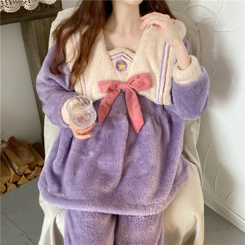 

Coral Velvet Pajamas Winter 2021 New Thick Plus Velvet Suit Female Cute Japanese Bow Sweet Home Service Plush Loose Plus Size