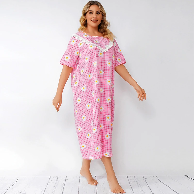 

Summer 2021 Plus Size Women Nightwear Pink Loose 4XL Print Night Dress Round Neck Short Sleeves Home Clothes