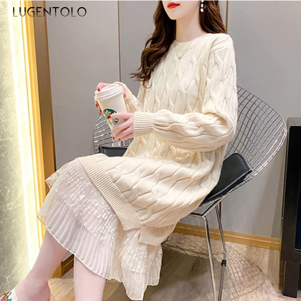 

Женский длинный вязаный свитер, однотонный Повседневный свободный элегантный пуловер с кружевной строчкой, свитер в Корейском стиле на осе...