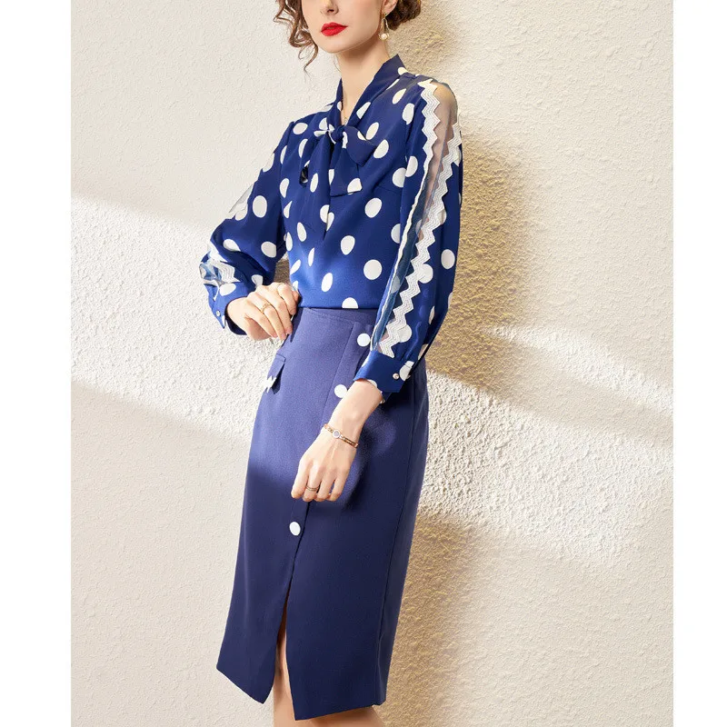 Women's Tracksuit 2 Piece Set Spring Autumn Clothing Scarf Collar Mesh Splicing Dot Blouse And Split Skirt Elegant Fashion Suits