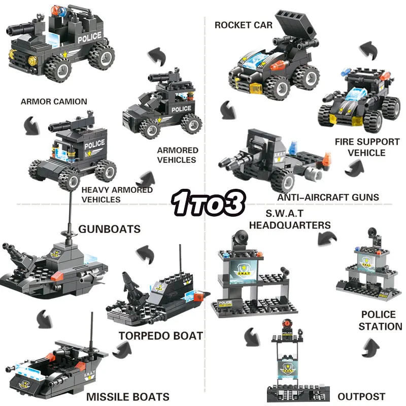 725pcs 8 IN 1 City Police Station Building Blocks Compatible SWAT Truck Car Bricks Toys for Boys Children | Игрушки и хобби