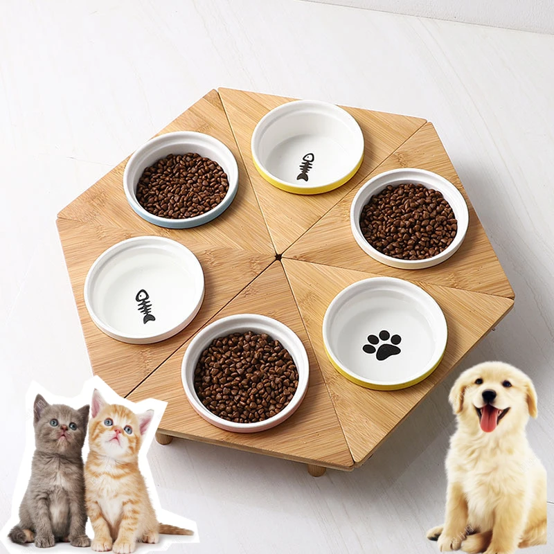 

Dog Feeders Cat Bowl Pet Food Water Bowls Single Ceramic Tableware Bamboo Frame Antiskid Pets Supplies Accessories