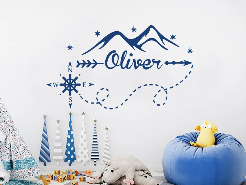 

Personalized Custom Name Mountains Wall Sticker Compass Nursery Nautical Kids Bedroom Decoration Beauty Boys Girls Poster W580